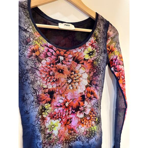NWOT FUZZI Floral Y2K Sheer Long Sleeve Scoop Neck Multicolor Double Lined Top - Picture 3 of 8